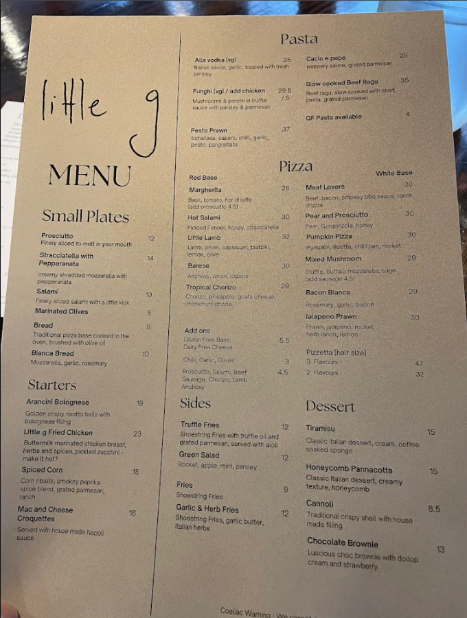 Menu, Little g Pizzeria