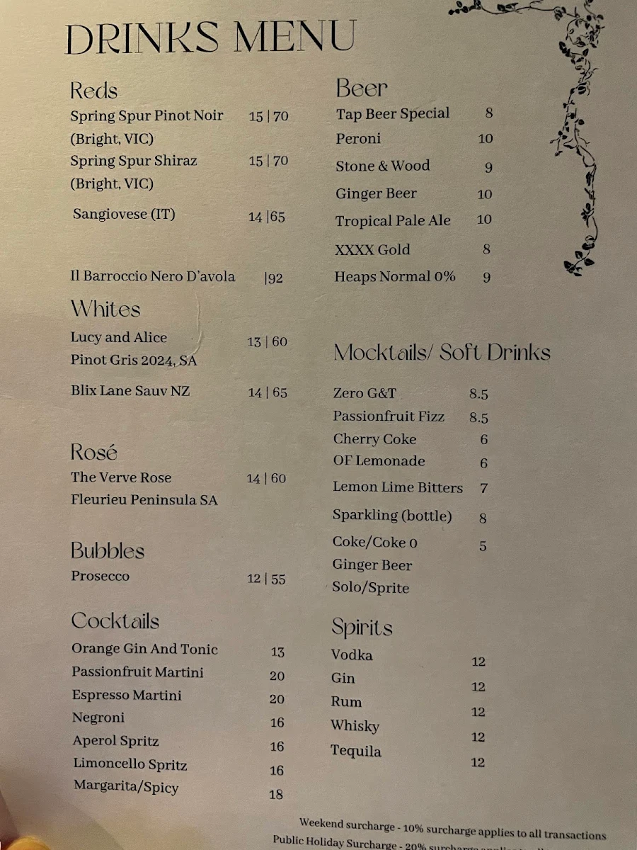Menu, Little g Pizzeria