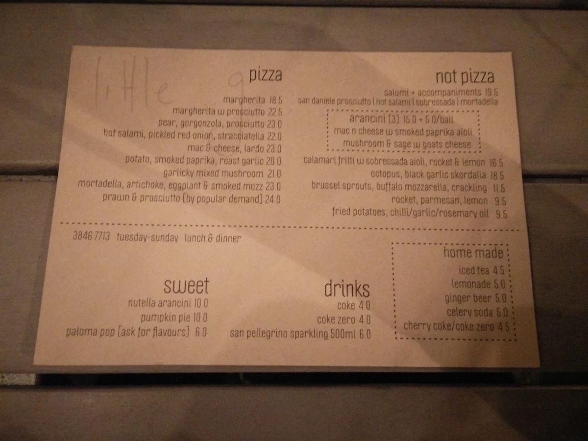 Menu, Little g Pizzeria