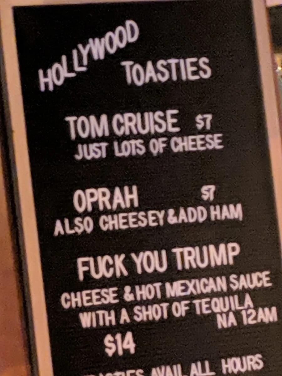 Menu, Hollywood Hotel