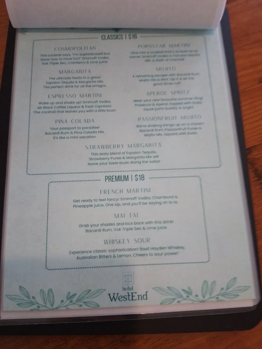 Menu, Hotel West End