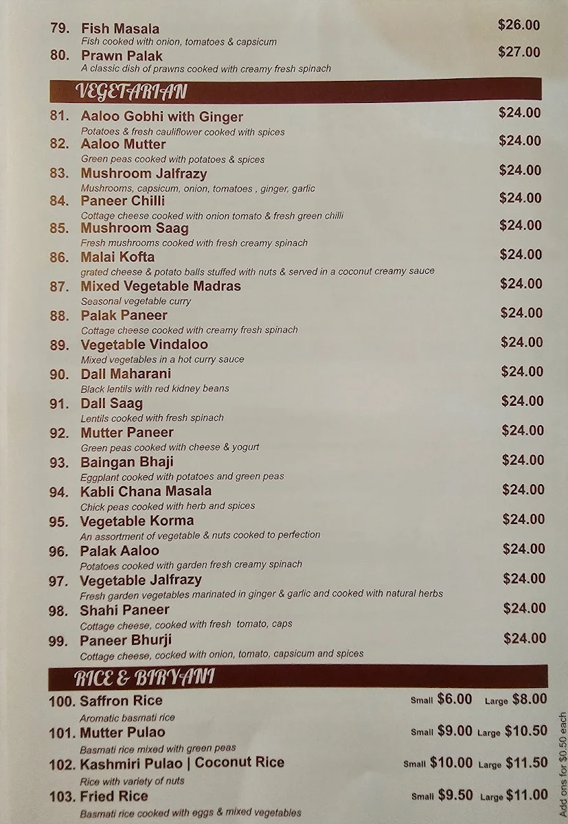 Menu, Kohinoor Indian Restaurant
