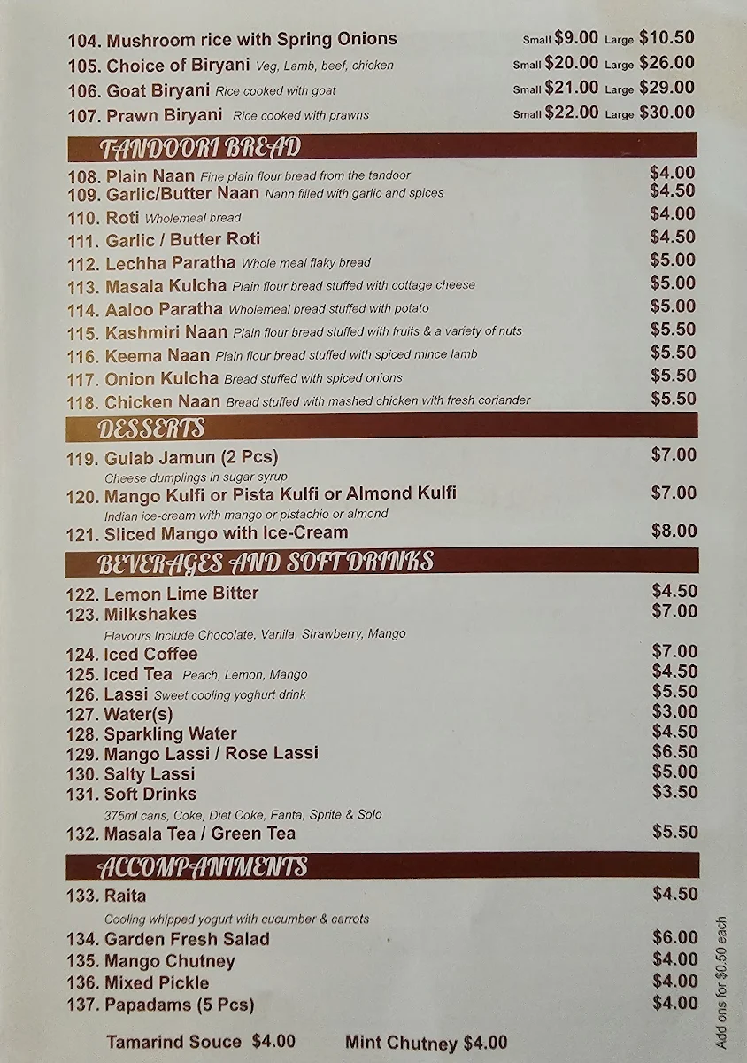 Menu, Kohinoor Indian Restaurant