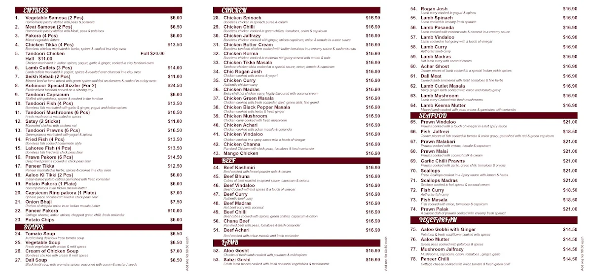Menu, Kohinoor Indian Restaurant