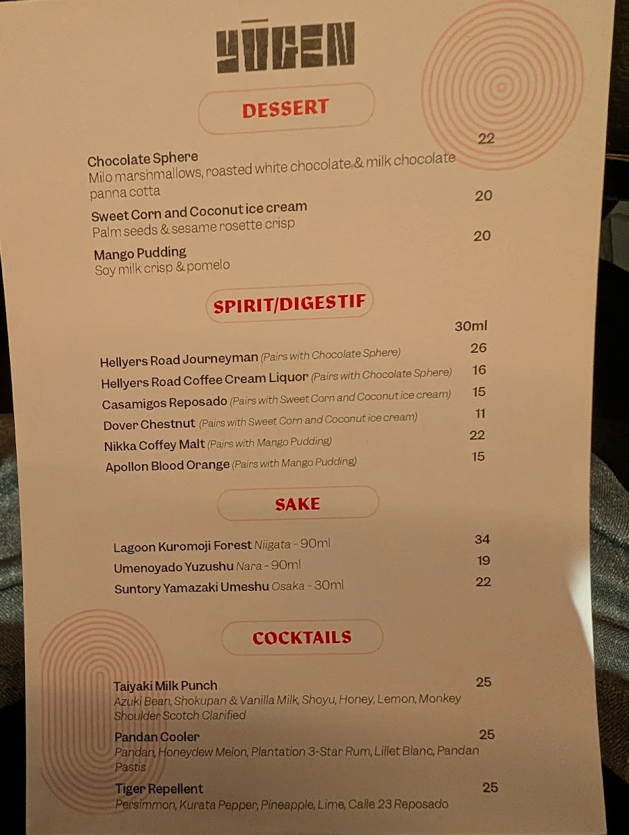 Menu, Yugen Dining