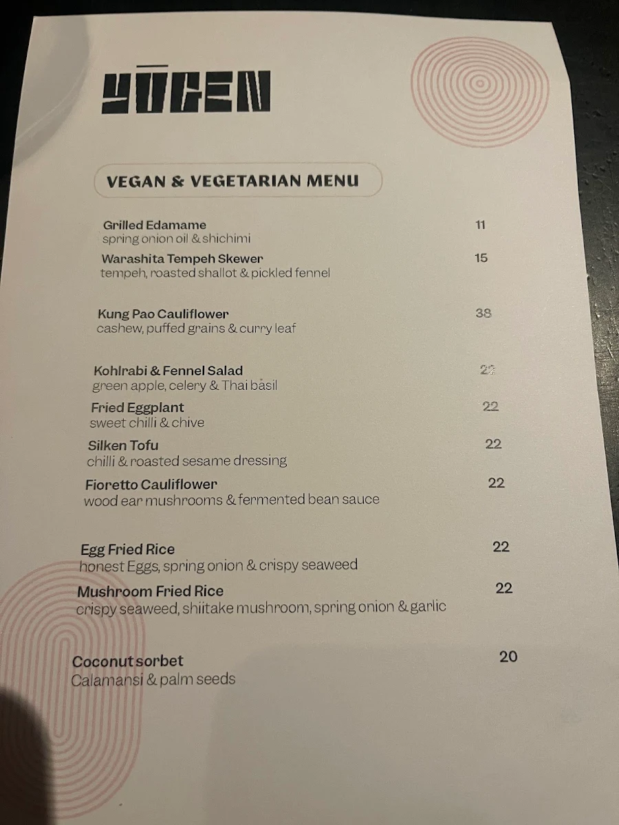 Menu, Yugen Dining