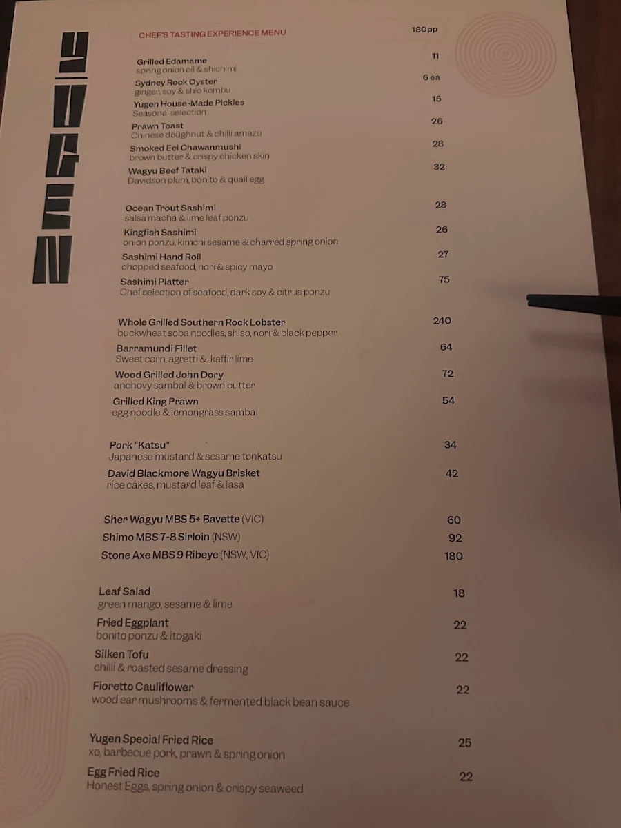 Menu, Yugen Dining