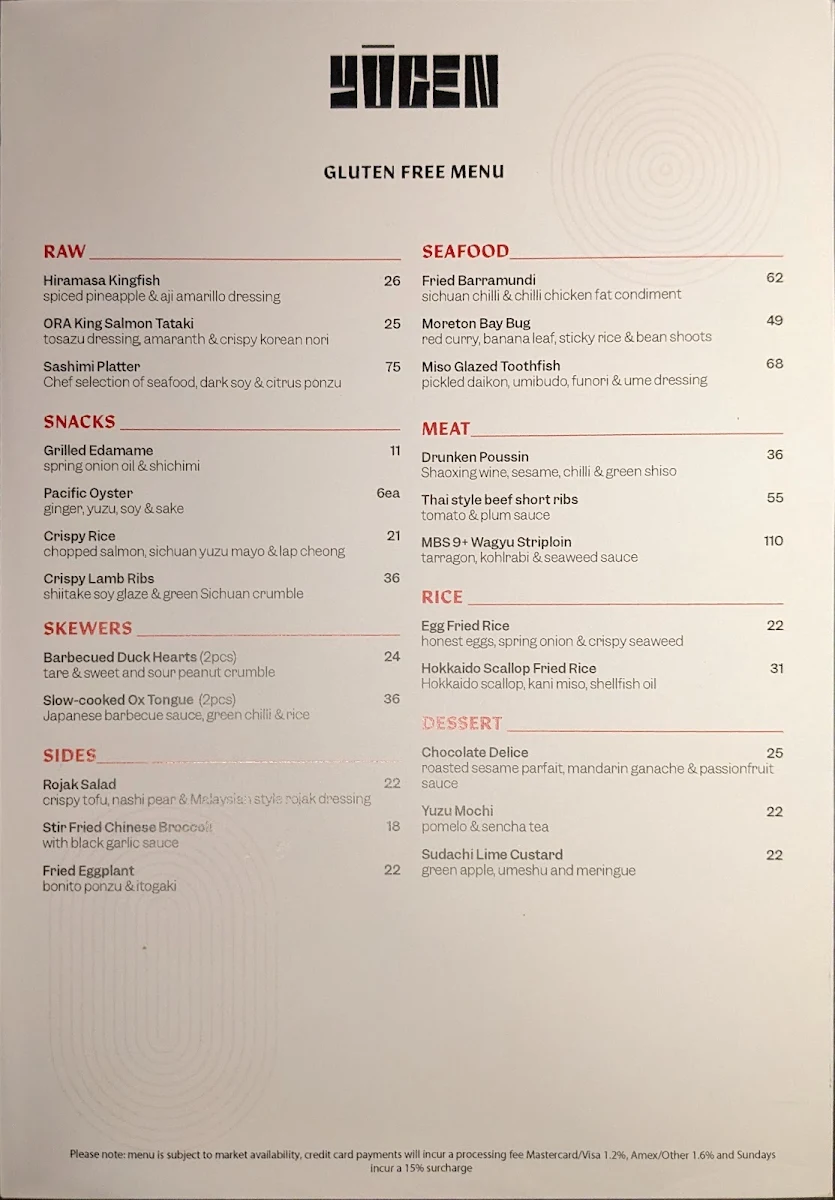 Menu, Yugen Dining
