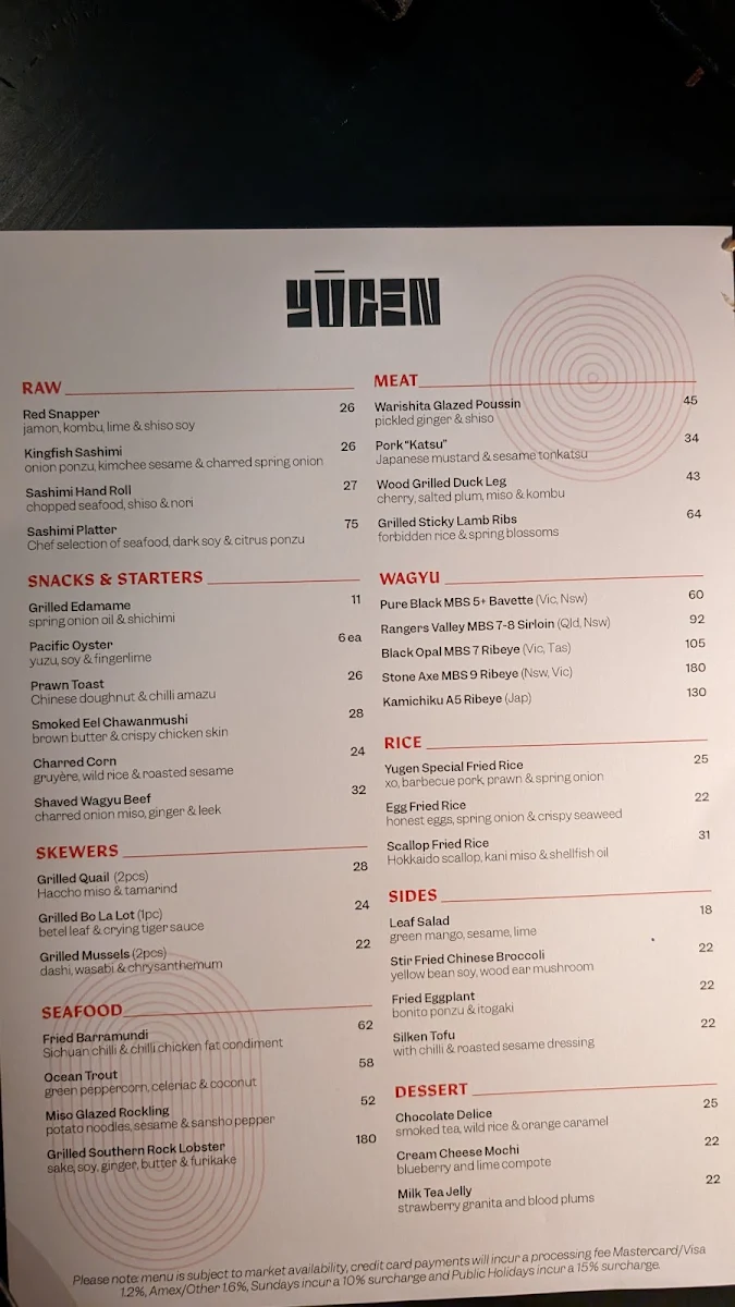 Menu, Yugen Dining