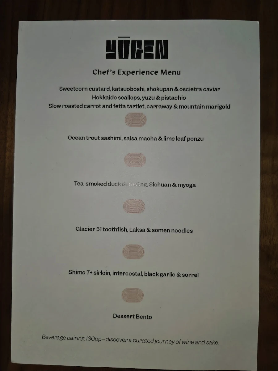 Menu, Yugen Dining