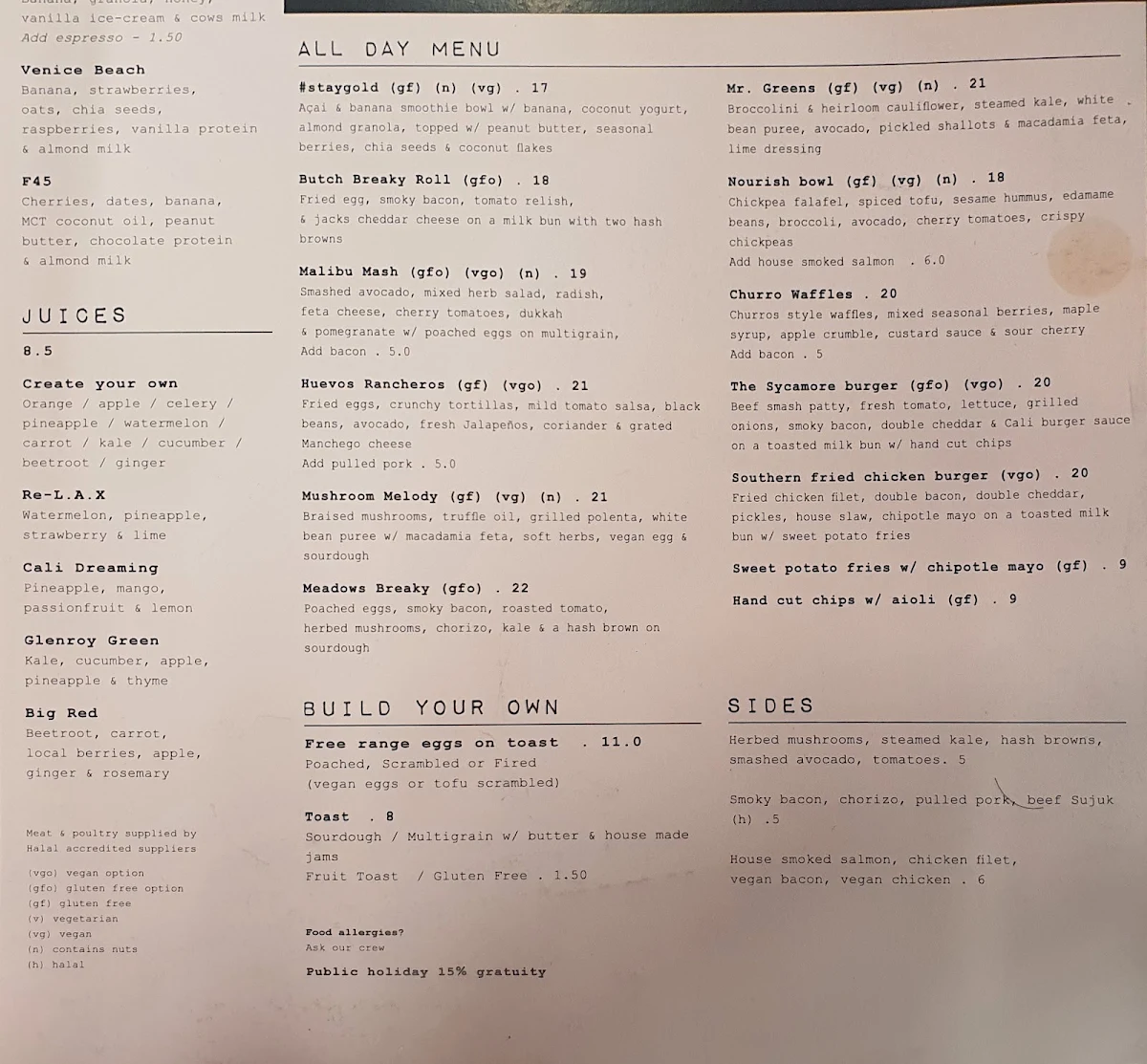 Menu, The Spade Melbourne