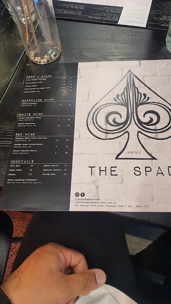 Menu, The Spade Melbourne