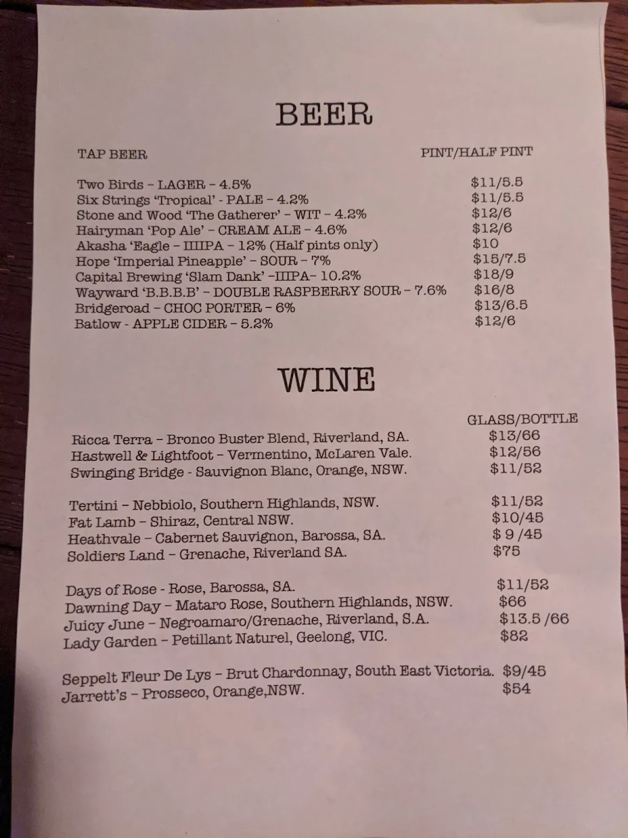 Menu, The Blind Bear Cronulla