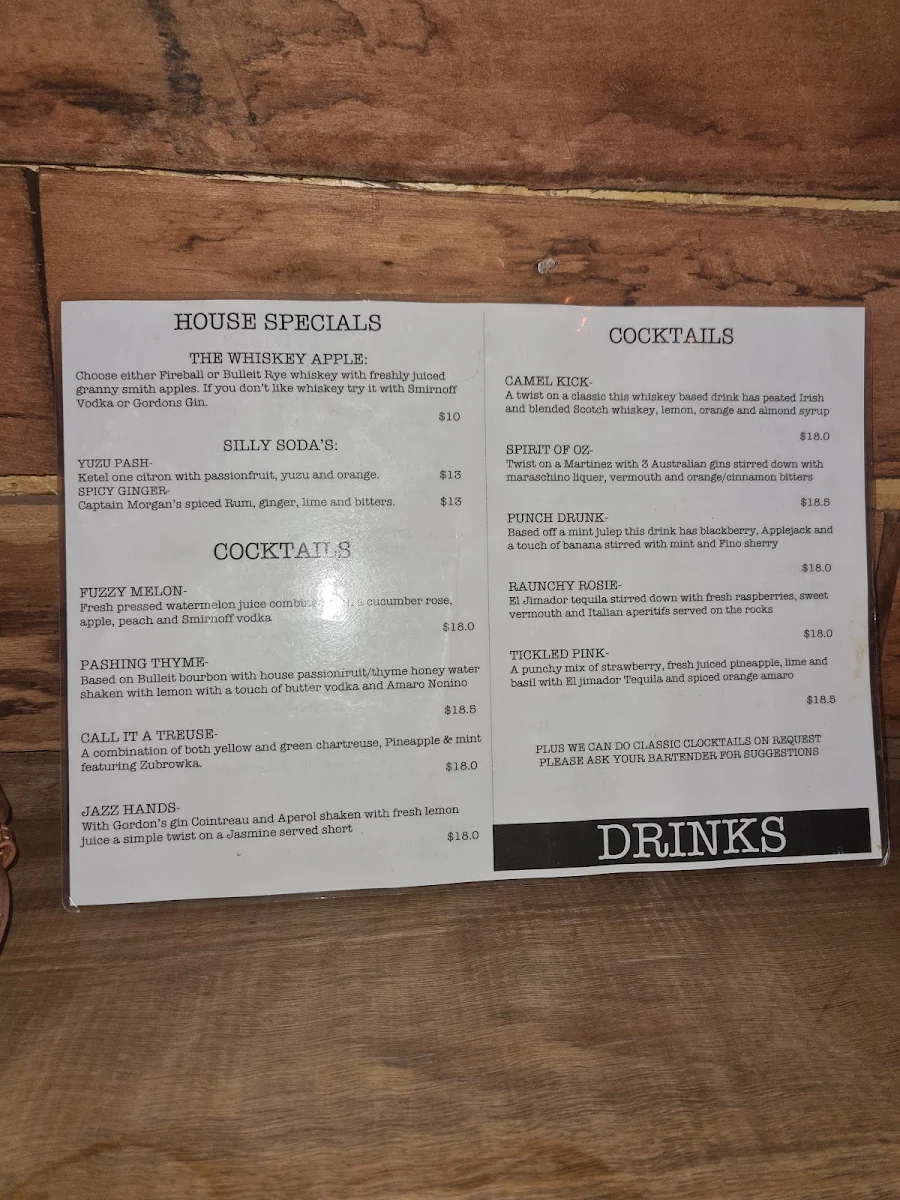 Menu, The Blind Bear Cronulla