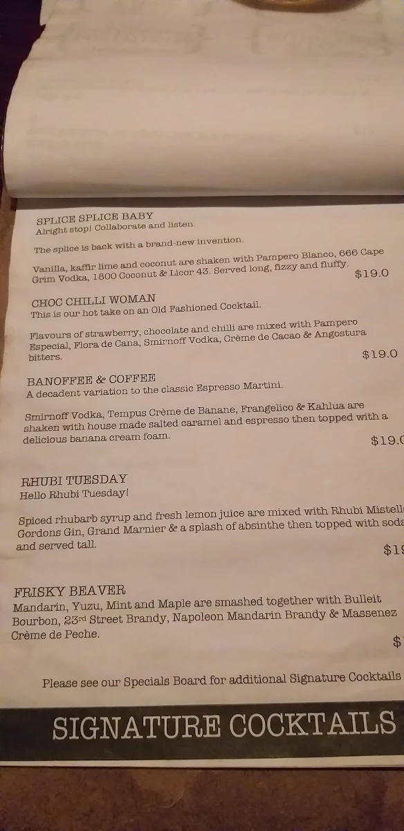 Menu, The Blind Bear Cronulla