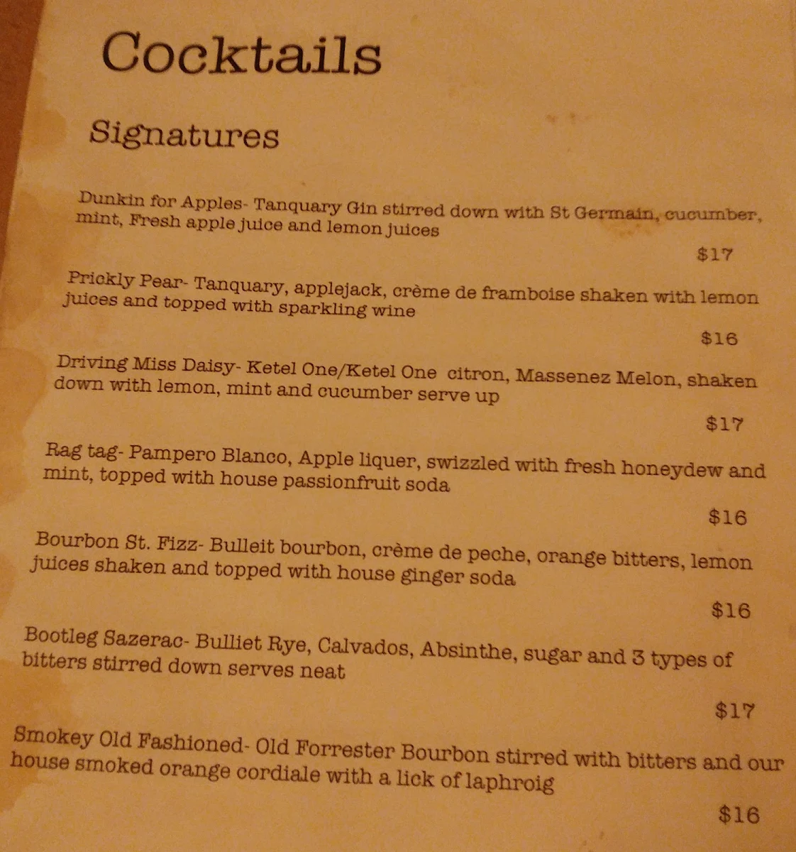 Menu, The Blind Bear Cronulla