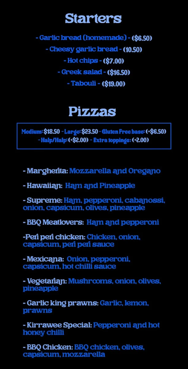 Menu, Italian Food Affair