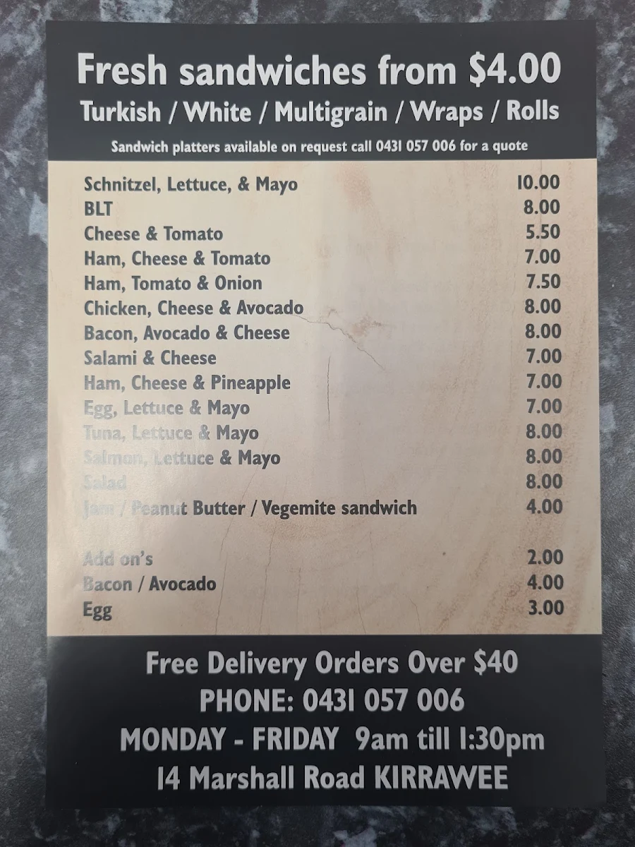 Menu, Italian Food Affair