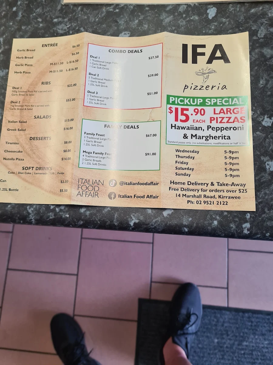 Menu, Italian Food Affair