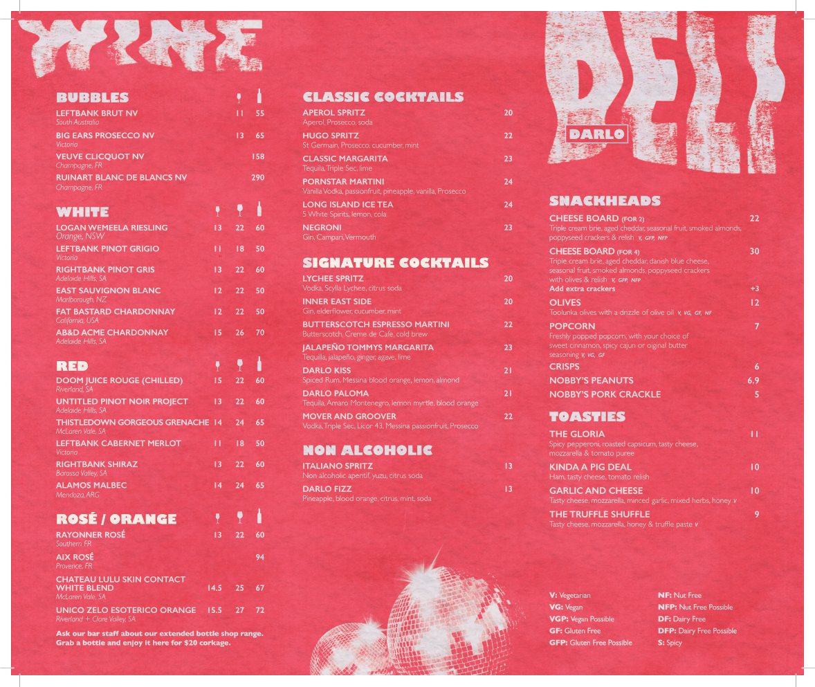Menu, Darlo Bar