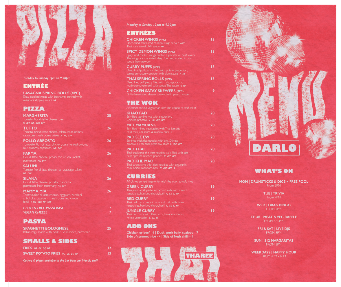 Menu, Darlo Bar
