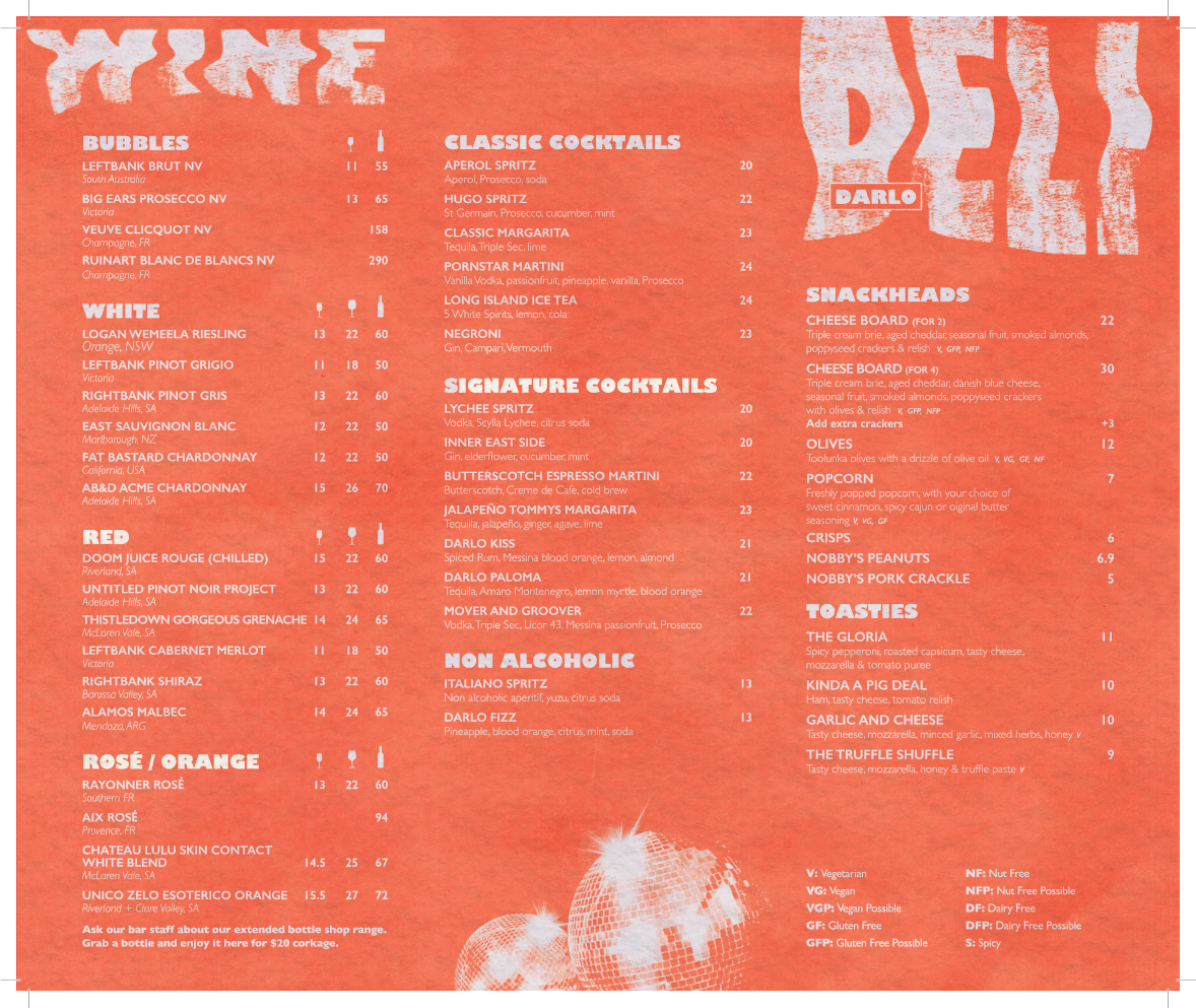 Menu, Darlo Bar