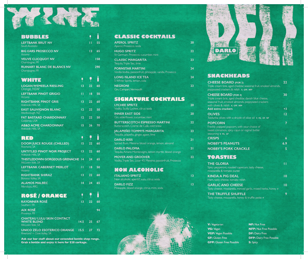 Menu, Darlo Bar