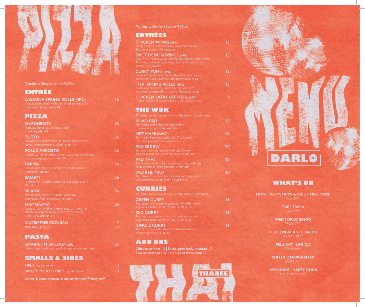 Menu, Darlo Bar