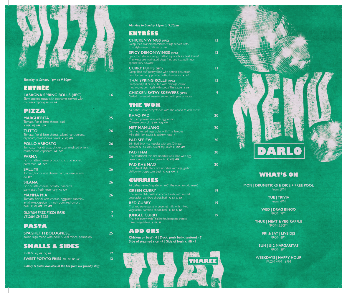 Menu, Darlo Bar