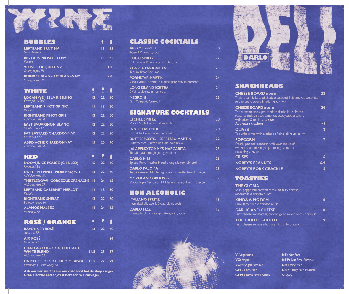 Menu, Darlo Bar