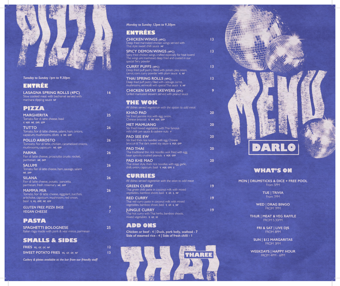 Menu, Darlo Bar