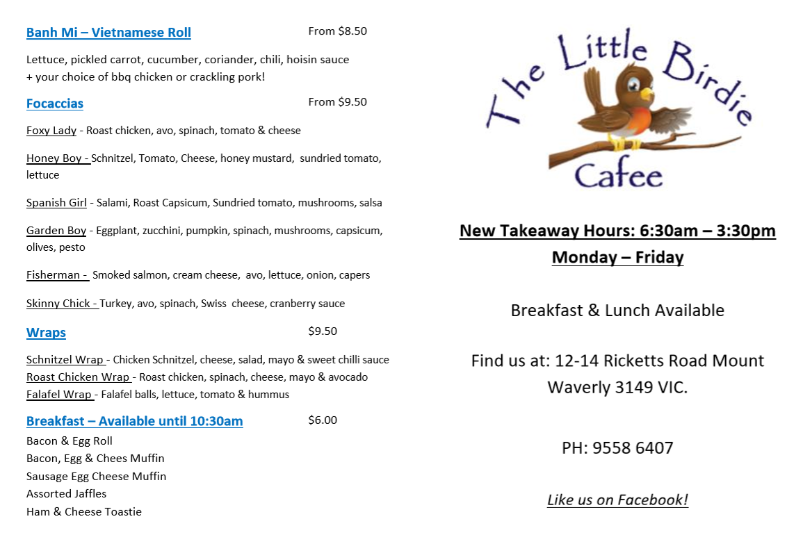 Menu, The Little Birdie Cafee