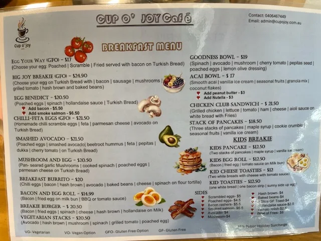 Menu, Cup O' Joy