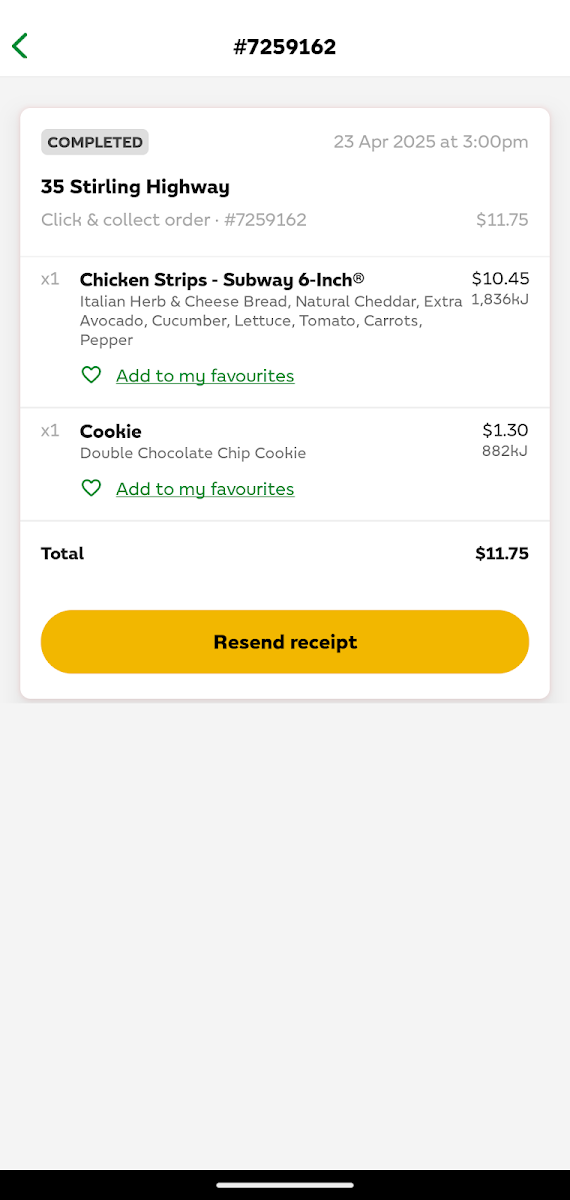 Menu, Subway (UWA, Crawley)
