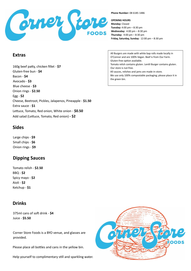 Menu, Corner Store Foods