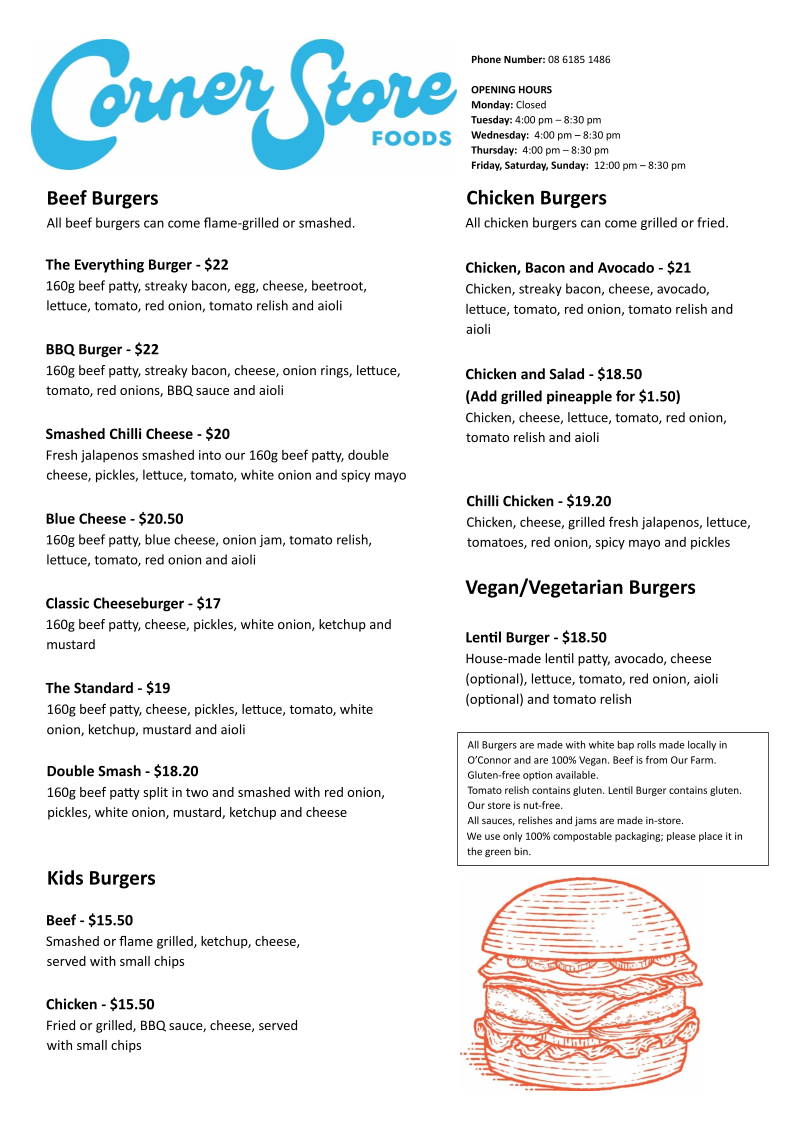 Menu, Corner Store Foods
