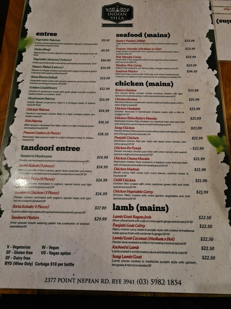 Menu, Indian Villa Tandoori Kitchen & Cafe