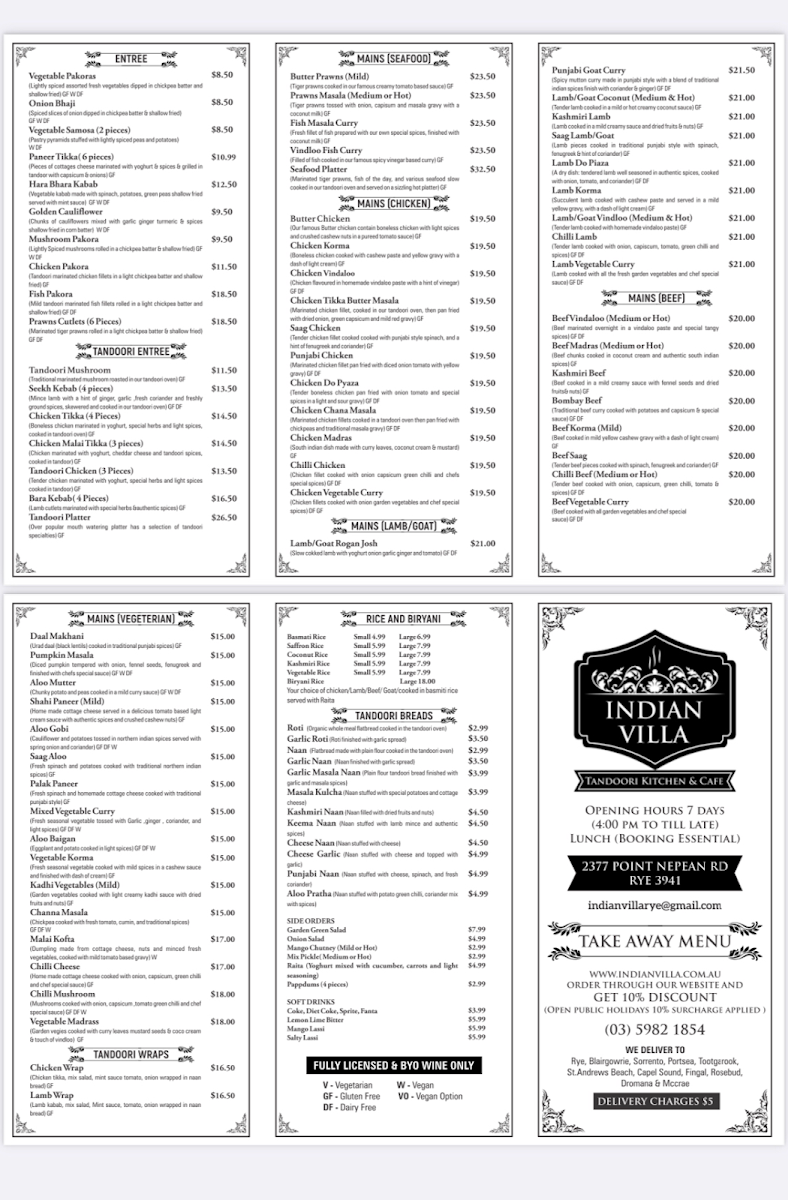 Menu, Indian Villa Tandoori Kitchen & Cafe