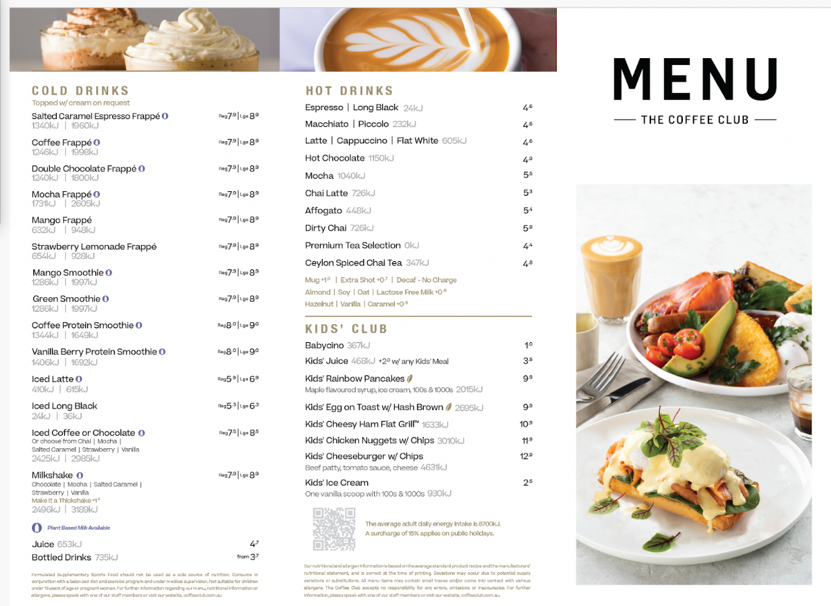 Menu, The Coffee Club Cafe - Glenmore Park