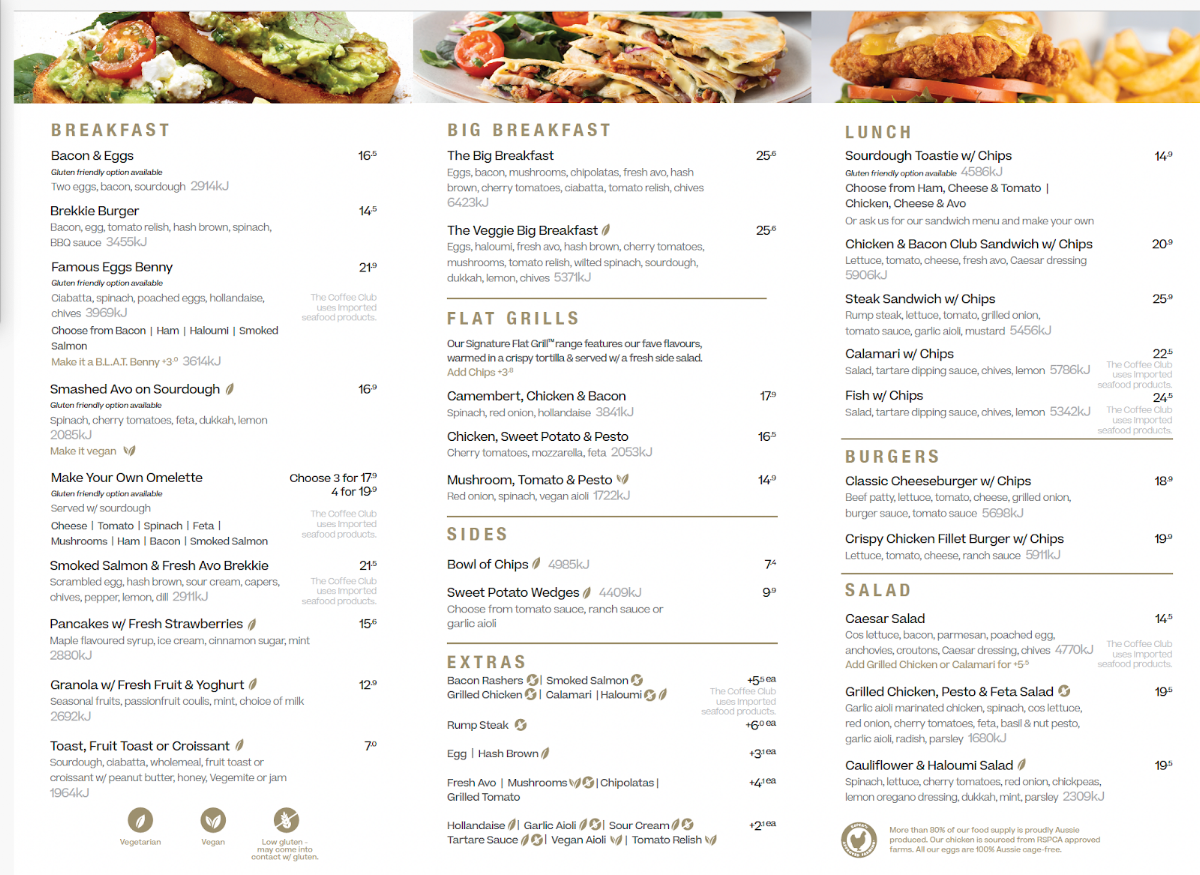 Menu, The Coffee Club Cafe - Glenmore Park