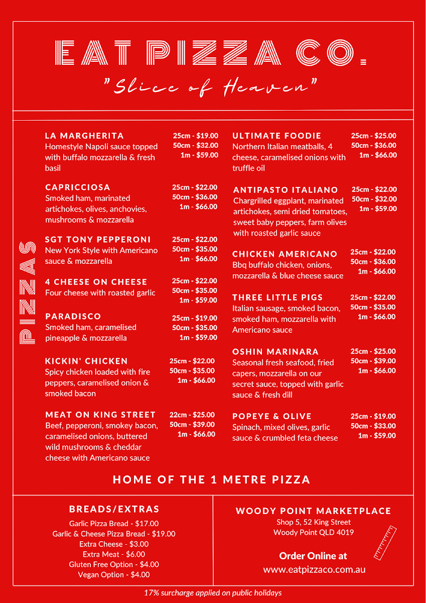 Menu, Eat Pizza Co.