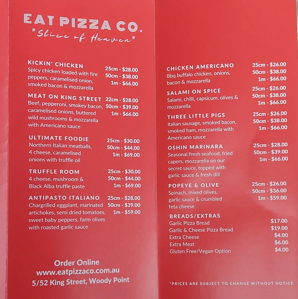 Menu, Eat Pizza Co.
