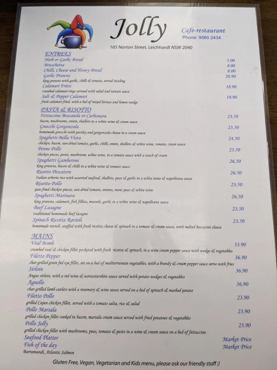 Menu, Cafe Jolly Leichhardt