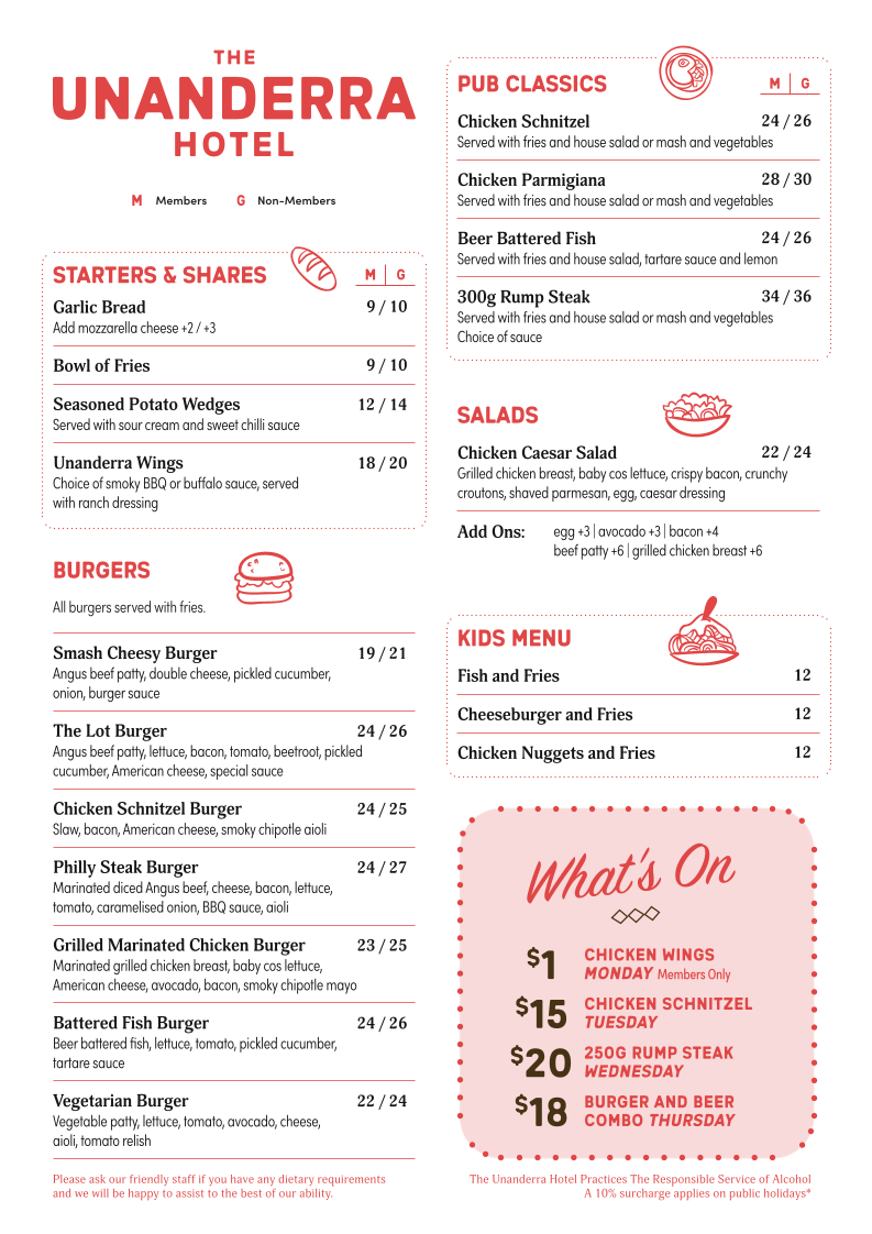 Menu, Unanderra Hotel