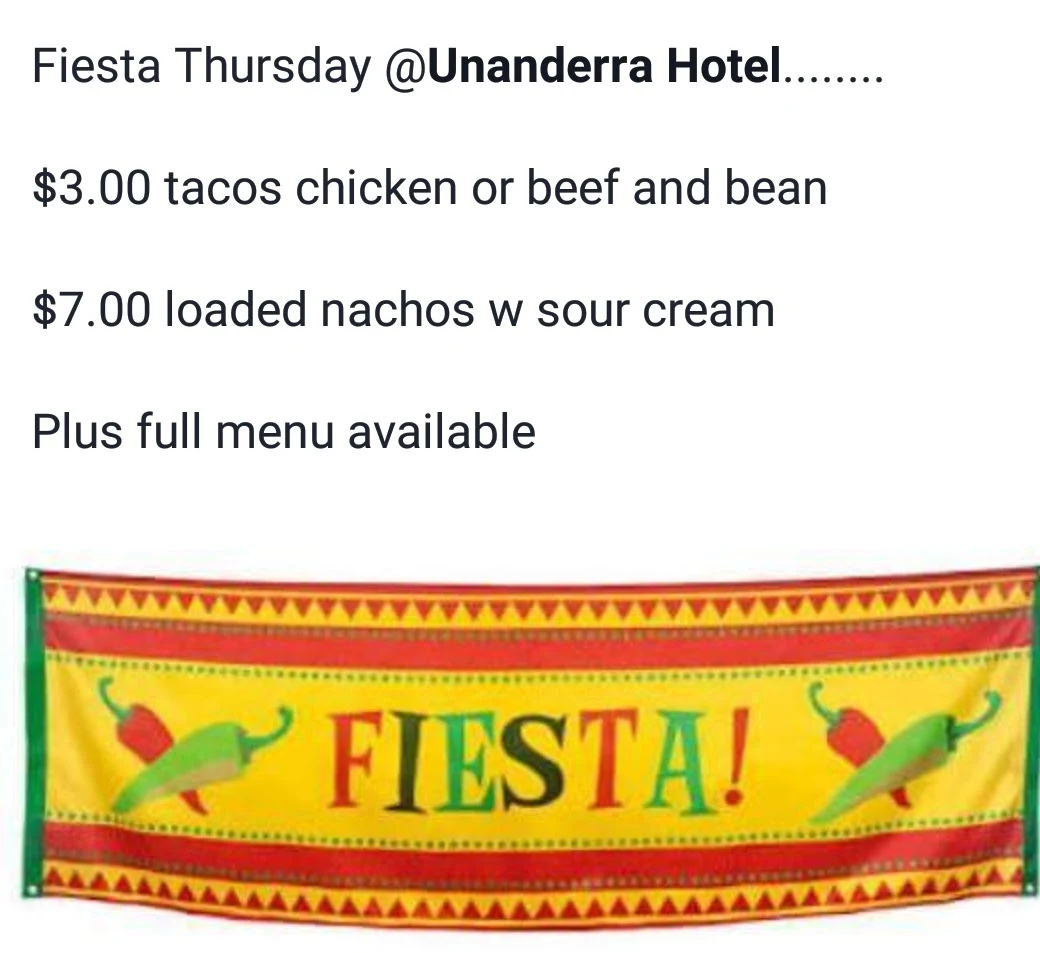 Menu, Unanderra Hotel