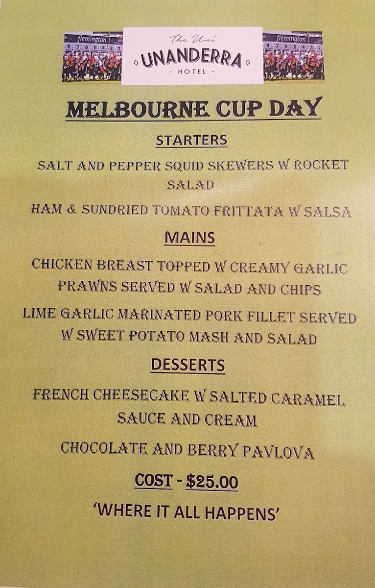 Menu, Unanderra Hotel