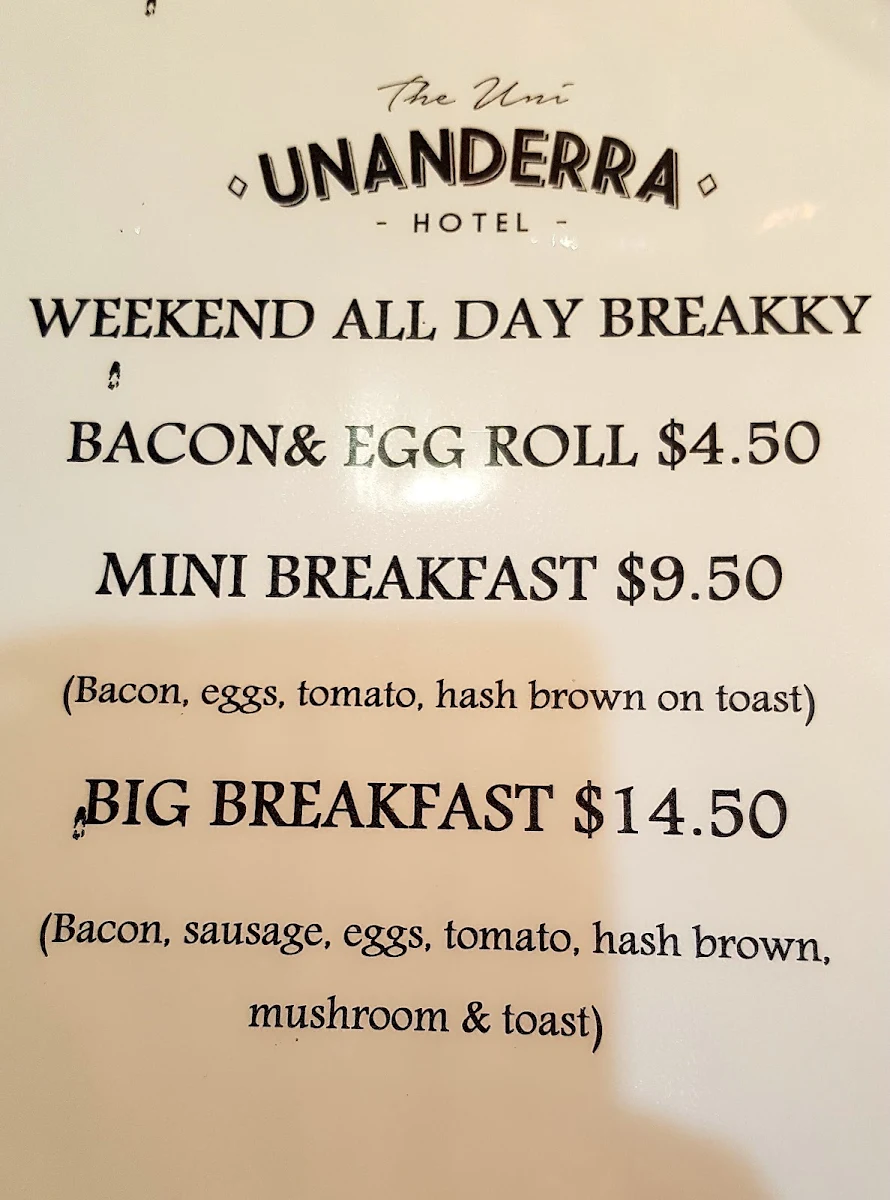 Menu, Unanderra Hotel