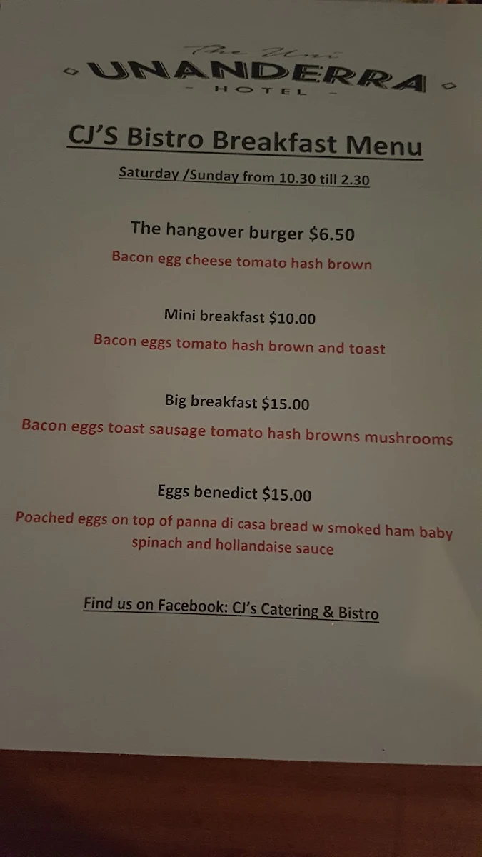 Menu, Unanderra Hotel