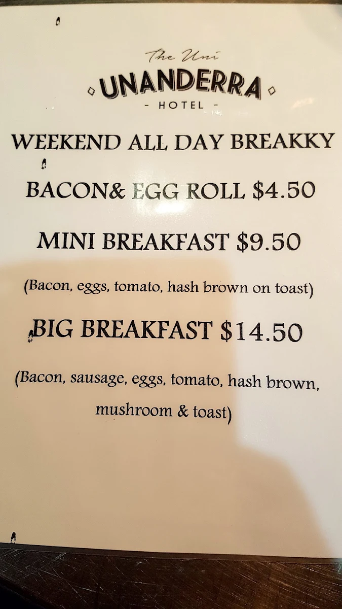 Menu, Unanderra Hotel