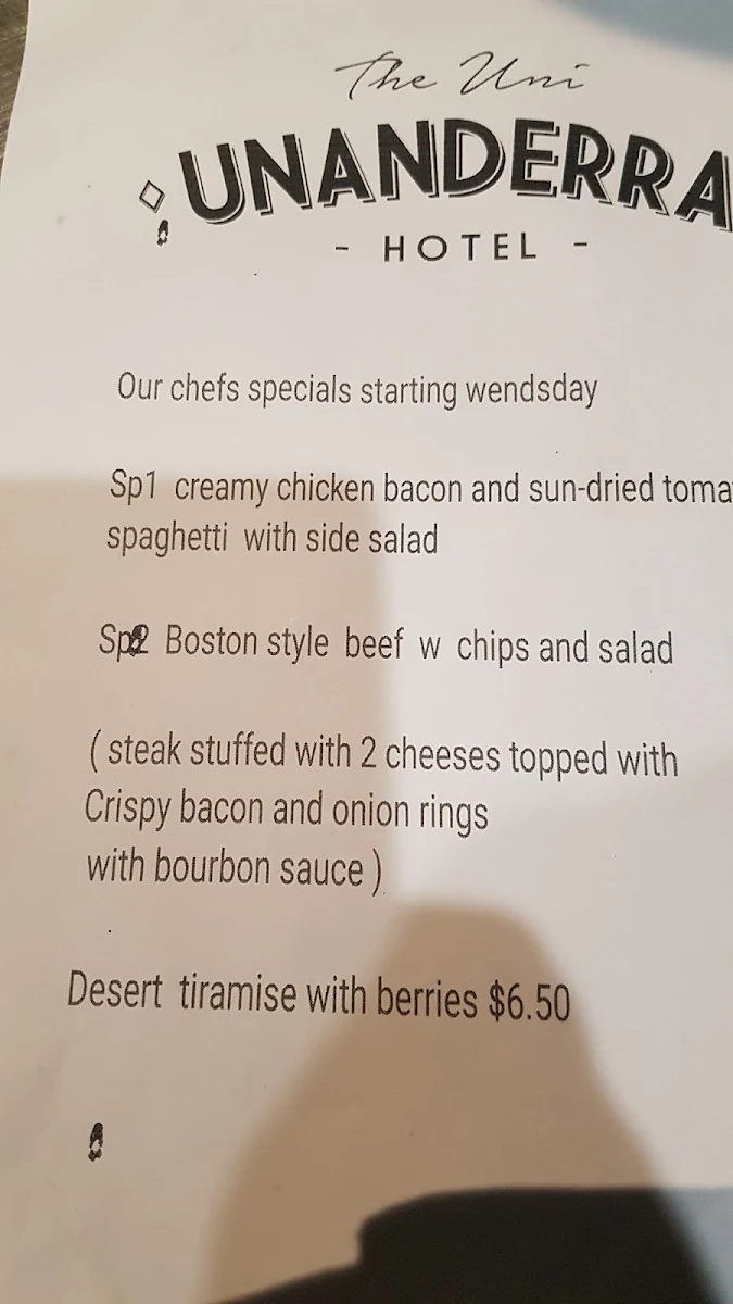 Menu, Unanderra Hotel